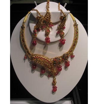 INDIAN POLKI BRIDAL NECKLACE SET RED STONE STUDDED