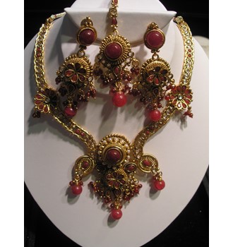 POLKI BRIDAL NECKLACE SET RED STONE STUDDED